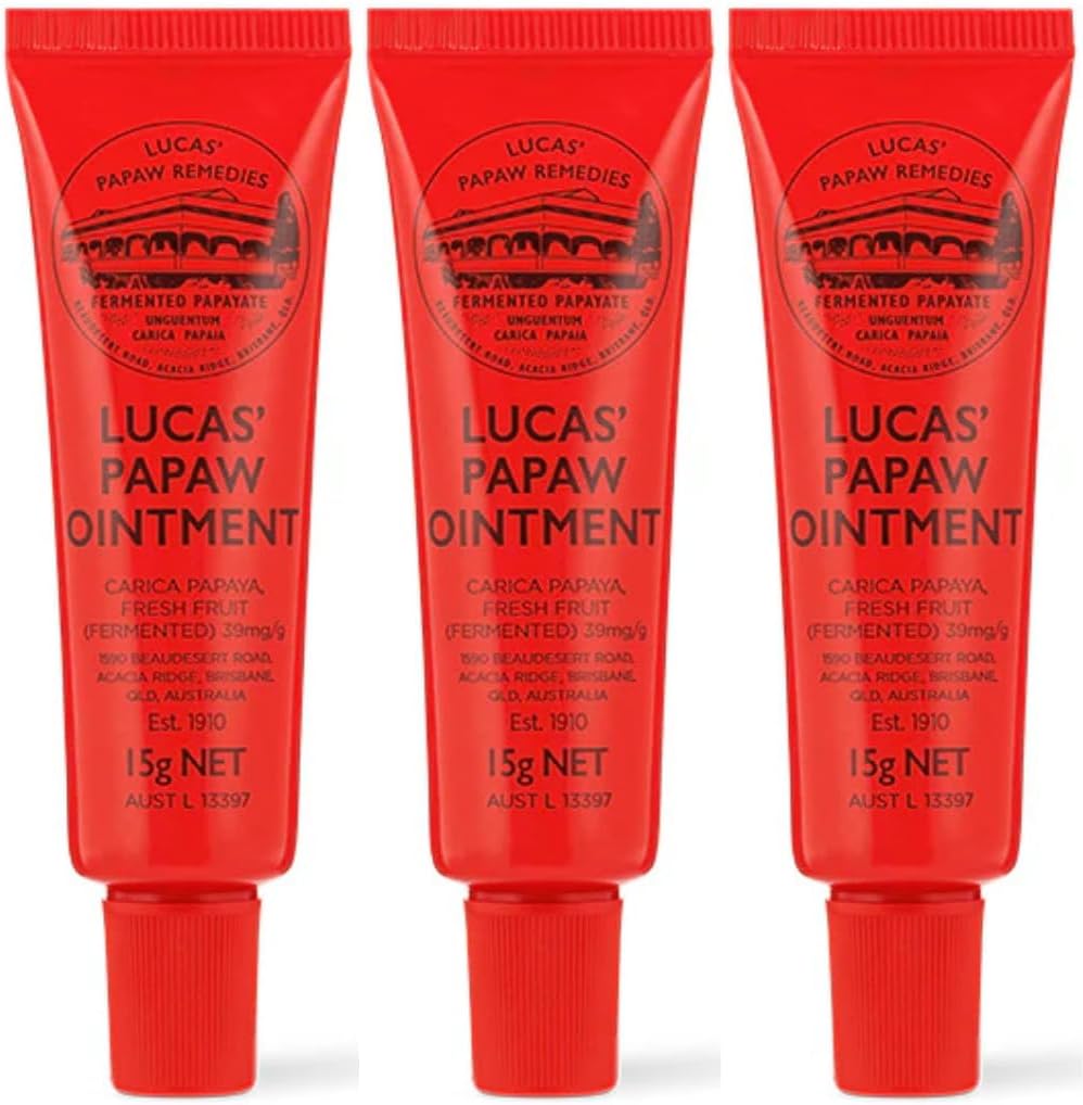 Lucas Papaw Ointment 15g Tubes with Lip Applicator — 3 Pack — Fermented Papaya Lip Balm for Dry, Chapped Lips, Travel Size, Made in Australia