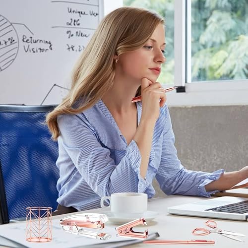 Famassi Rose Gold Desk Accessories，Office Supplies Set Acrylic Stapler Set Staple Remover, Tape Holder, Pen Holder, 2 Ballpoint Pen, Scissor, Binder Clips, Paper Clips And 1000Pcs Staples. #TOP6