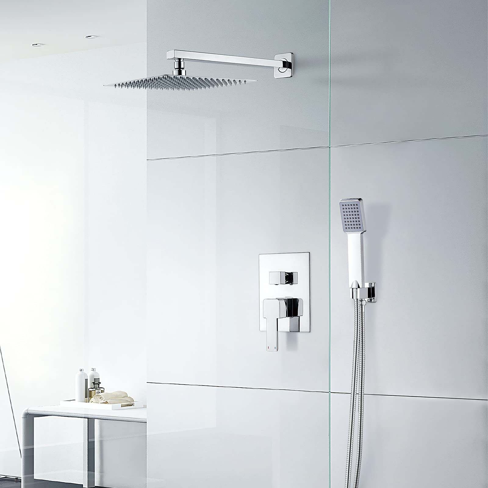 Ibergrif Gold, Sistema Columna de Ducha Empotrada con Reciador, Alcachofa, Manguera, Barra Ajustable y Soporte, Cromo
