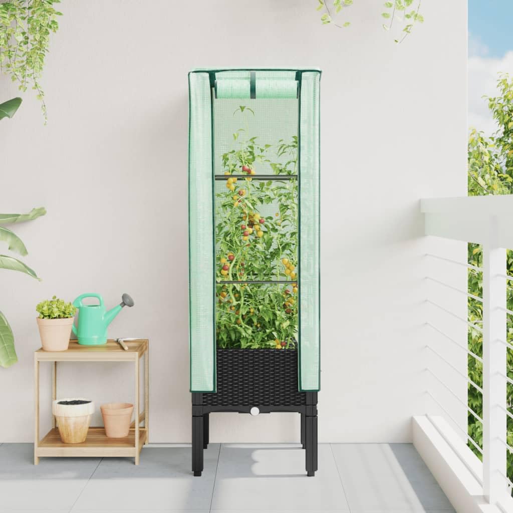 Bancal alto con accesorio para invernadero, aspecto de ratán, 40 x 40 x 140 cm, marco de hierro resistente y cubierta de polietileno, diseño moderno para balcón, jardín, terraza, hierbas