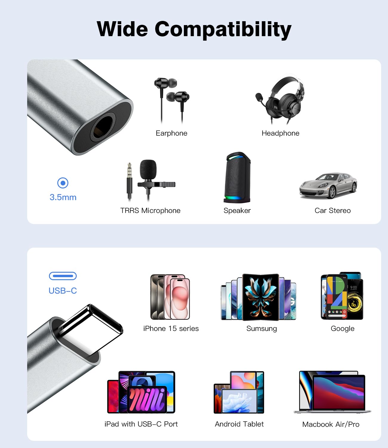 Adattatore USB C a Jack 3.5 mm, Adattatore USB C per iPhone 16 15 Pro Max Plus, USB C a audio Aux per Samsung Galaxy S24 S23 Ultra Note 20, per Huawei P50 P40/Mate 30 20, Pixel 4/3-Grigio ferro