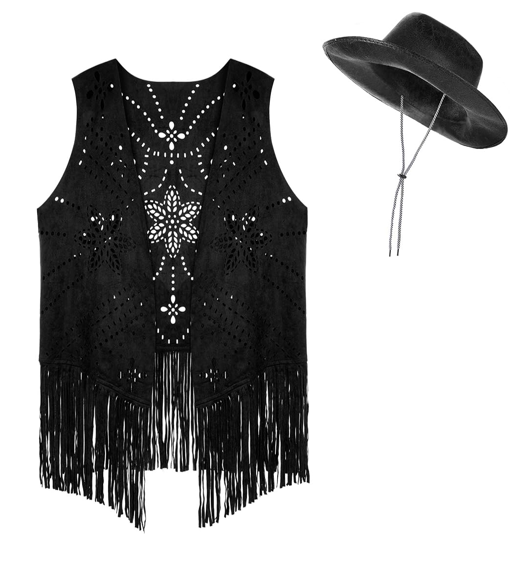 Women Western Cowboy Outfits Retro Cowgirl Hippie Costume Hat Sleeveless Cut-out Pattern Jackets Vest with Tassel Faux Suede Cowboy Hat Fringe Vest Fancy Dress Costume Set Brown, Black