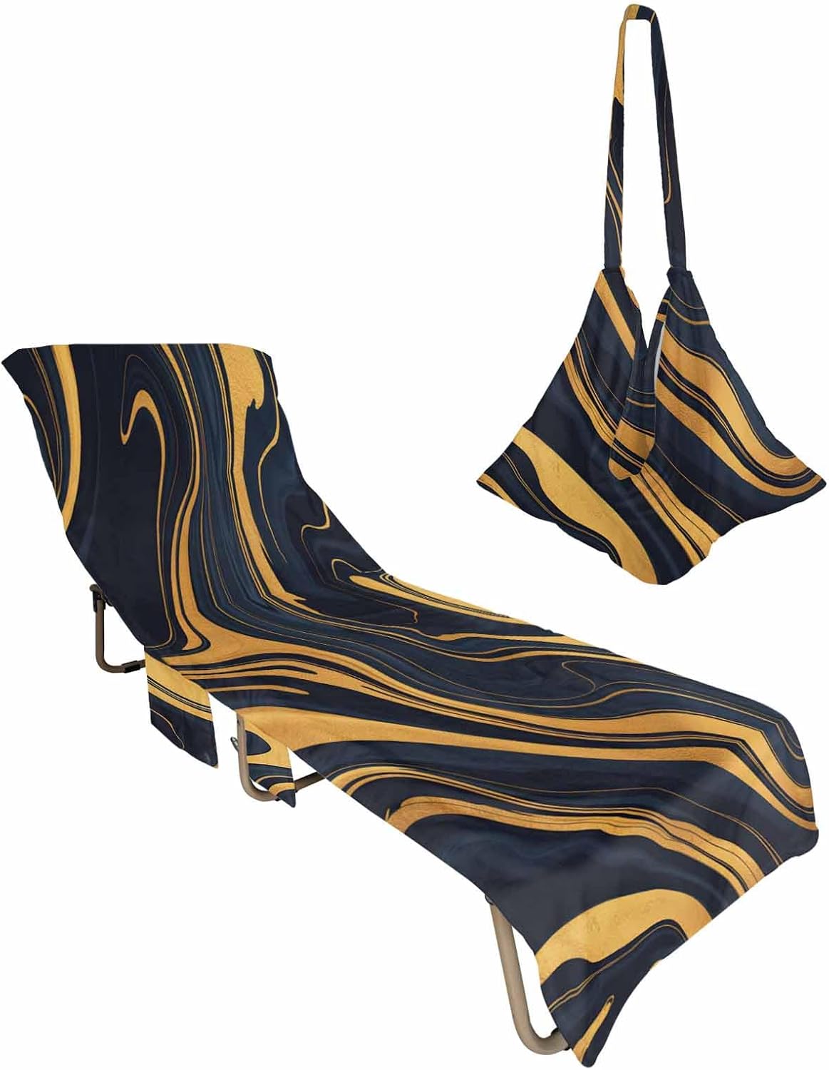 Abstract Black Blue Beach Pool Patio Lounge Chaise Chair Cover Towel With Pockets, Absorbent & Quick Dry Microfiber Towel Cover Bag Summer Travel Accessories for Sunbathing Modern Marble Gold Ombre