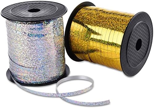 2 Rollos Cinta de Oro Plata 5mm Cinta de Globo Rizado de regalo,Brillante Metálico Rollo de Rizada para globos,manualidades,bodas,fiestas y envoltura de regalos(Total 500yardas/456m)