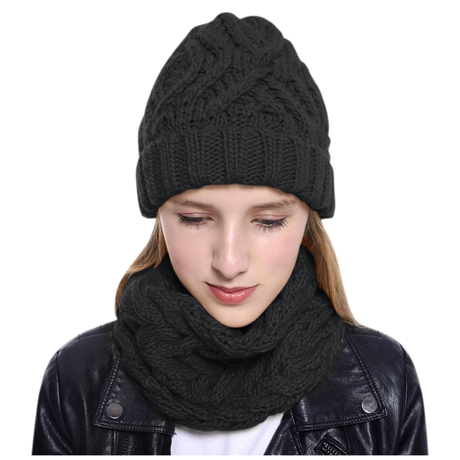 Womens Winter With Circle Snow Hat Knit Scarves Slouchy Cap