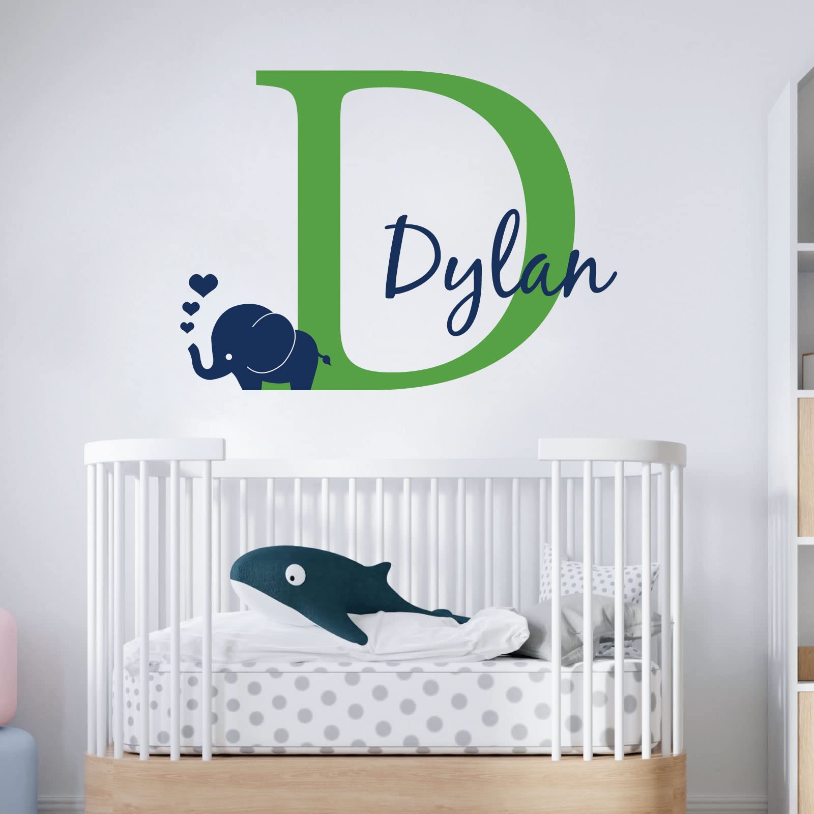 Personalised Baby Girl/Boy Name with Initial Letter and Baby Elephant, Hearts - 2 Colours [Large] [Grass]