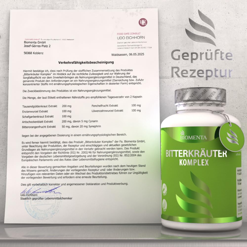 BIOMENTA Bitterkräuter Komplex - 185 hochdosierte, synergetisch zusammengestellte Bitterstoffe Kapseln mit 7 Bitterkomplex - ohne Alkohol + vegan - Premiumqualität