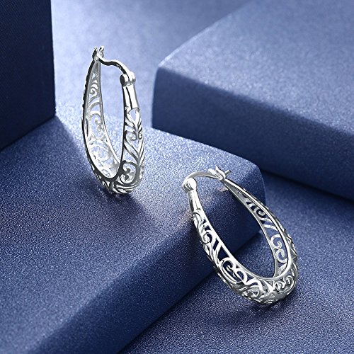 Vintage Filigree 925 Sterling Silver Oval Chandelier Small Hoop Earrings for Women Fashion Boho Hollow-out Texture Flower Dainty Teardrop Huggie Hoops Dangle Hypoallergenic Click Top Trendy Jewelry Christmas Gifts Birthday4