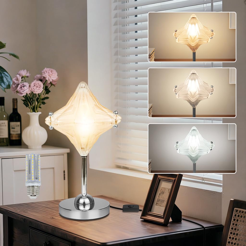 Nachttischlampe Modern,Tischlampe mit Chromfuß und Glas Schirm,Tischlampe Chrom,Schreibtischlampe E27 für Schlafzimmer,Arbeitszimmer,Kinderzimmer,Deko Leuchte,Enthält Glühbirne,12W,3 Farbentemperatur