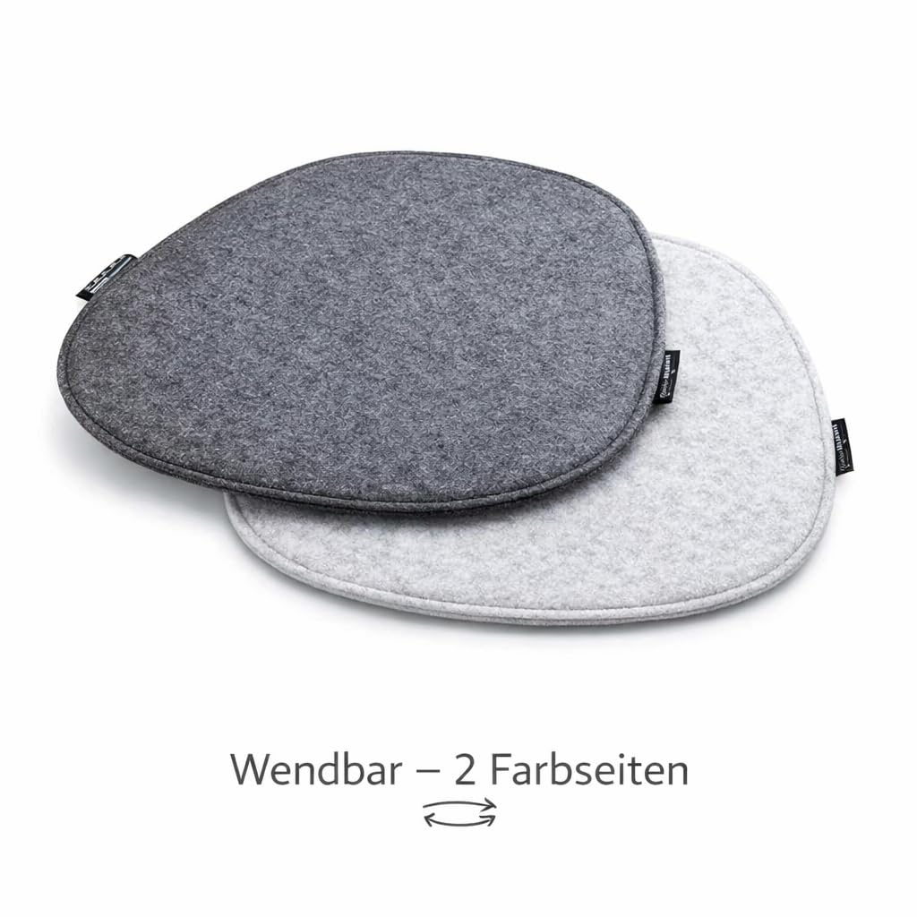 DuneDesign 4er Set Filz Sitzkissen oval 40x37 cm - wendbare Stuhlkissen Hellgrau/Anthrazit 8 mm als Sitzauflage für Esszimmerstuhl Kissen Küchenstuhl Polster Schalenstuhl - Auflage für Stühle