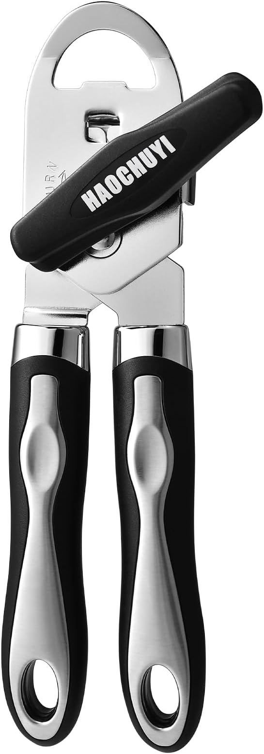 Classic Multifunction Can Opener and Bottle Opener Easy to Use, Razor Sharp Stainless Steel Cutting Wheel, Soft Ergonomic Handles, Black