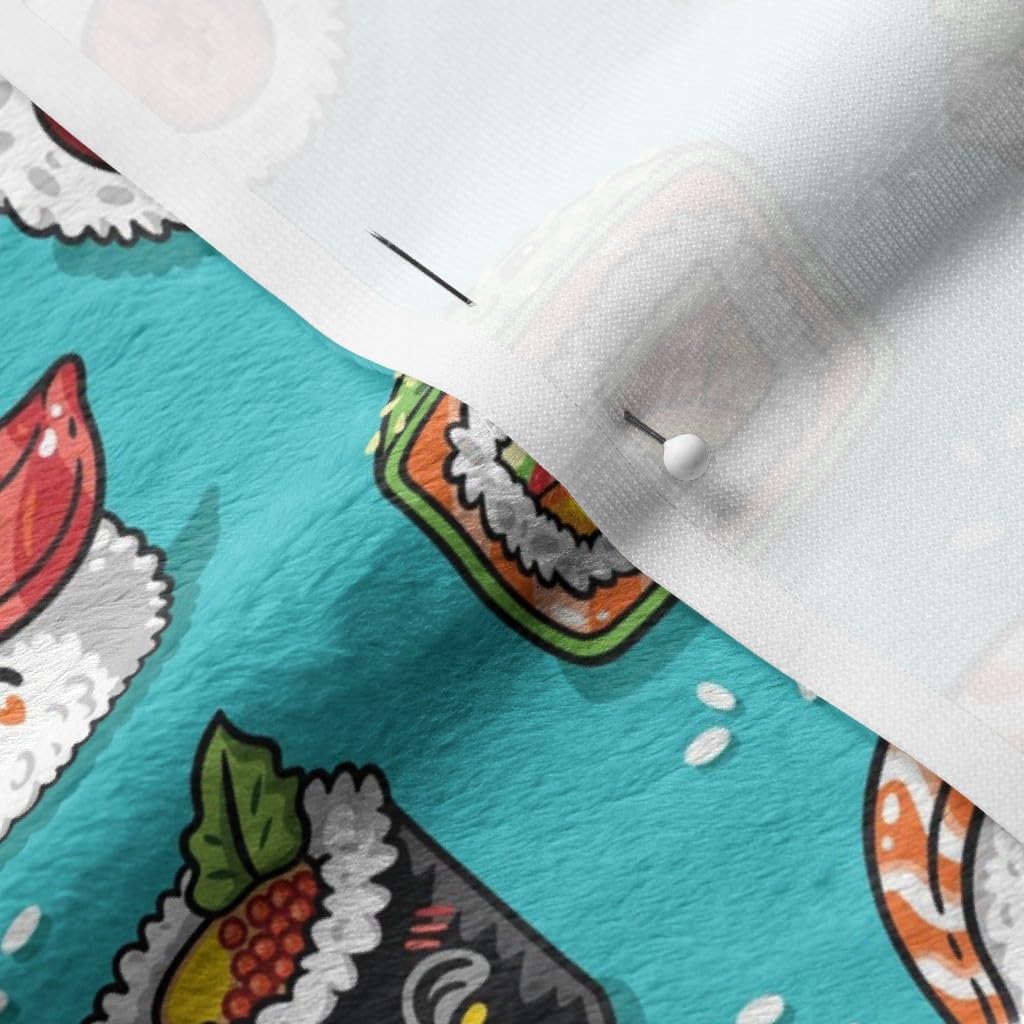 Spoonflower Fabric - Kawaii, Cute, Sushi, Food Print, Japanese, Aqua Blue, Fish, Cartoon Printed on Minky Fabric by The Yard - Sewing Baby Blankets Quilt Backing Plush