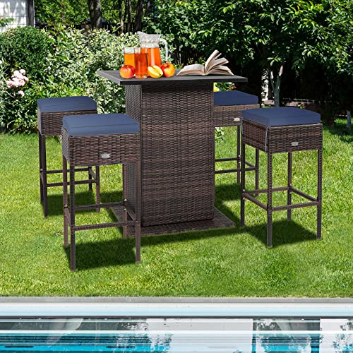 Relax4Life 5-Piece Wicker Bar Set - Counter-Height Rattan Table & 4 Bar Stools W/Hidden 2-Tier Storage Shelf, Cushions, Weatherproof Furniture Outdoor Dining Set For Patio, Poolside (Navy Blue) #TOP7