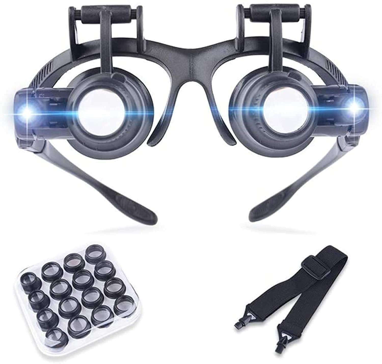 HTTGDGDH Led Headband Magnifier Watch Repair Magnifier With 2 Led Lights And 8 Interchangeable Lens 2 * 10X 2 * 15X 2 * 20X 2 * 25X For Reading Crafts Repair Magnifier