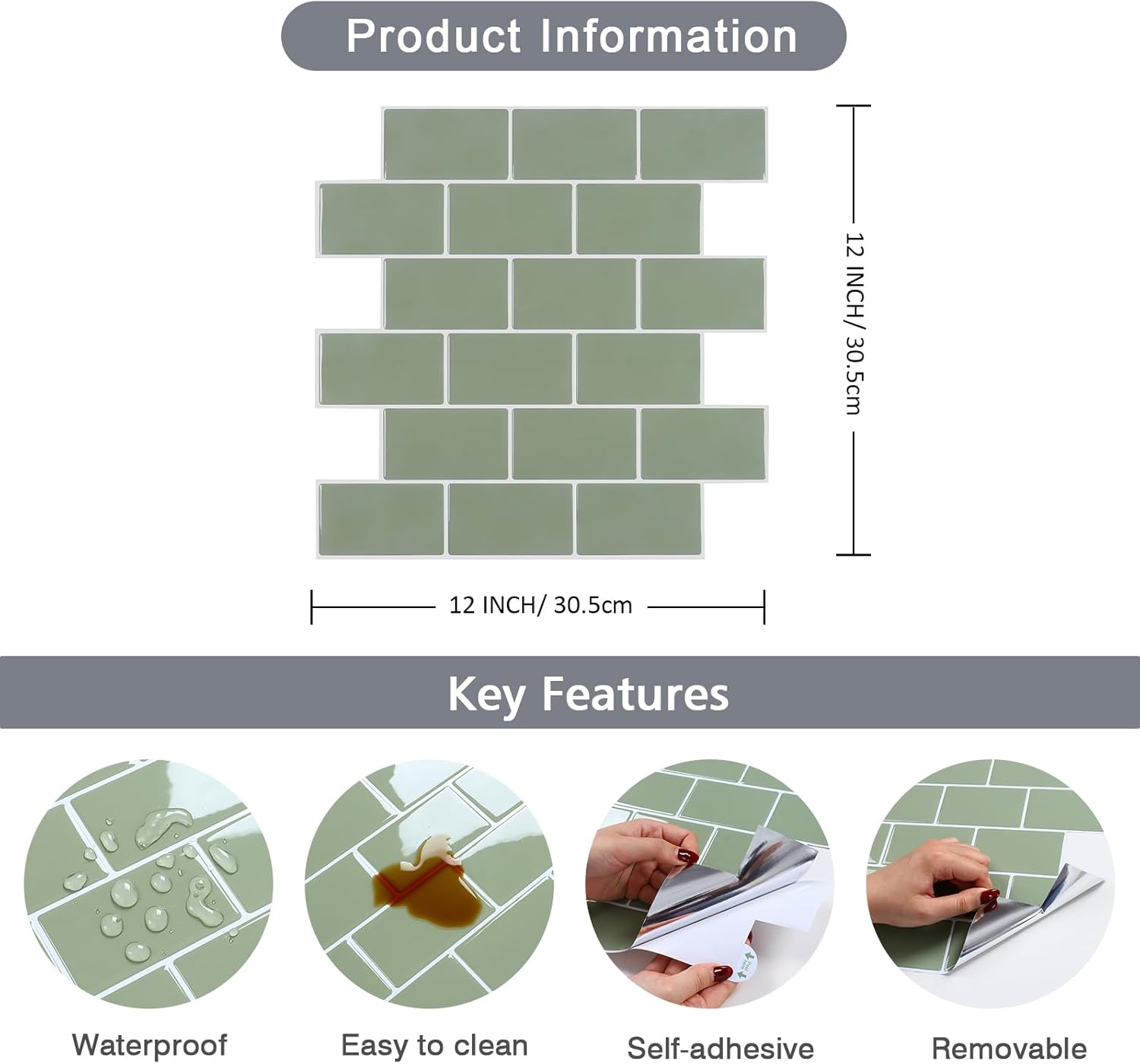 CHIHUT 12''x12'' Green Backsplash Tile Peel and Stick 6 Sheets Self Adhesive Waterproof Backsplash for Kitchen Bathroom Wall Removable Rectangular Stick on Back Splash Thick Vinyl Green Subway Tiles