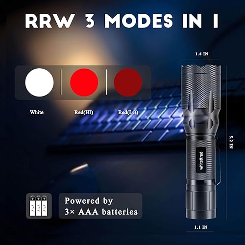 Miniatura 2 de Linterna roja mejorada, blanco brillante y opciones de luz roja de alta y baja potencia con memoria, lente de zoom, linterna pequeña LED portátil