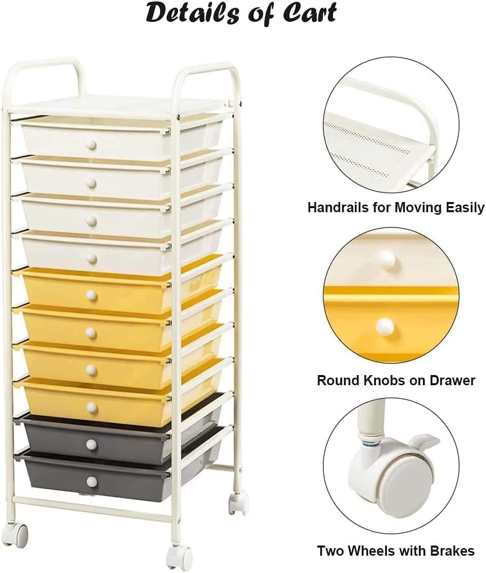 FANTASK 10-Drawer Rolling Storage Cart, Home Office School Storage Organizer w/360°Rotating Wheels & Metal Frame, Utility Storage Cart for Scrapbook Paper Tools (Yellow)