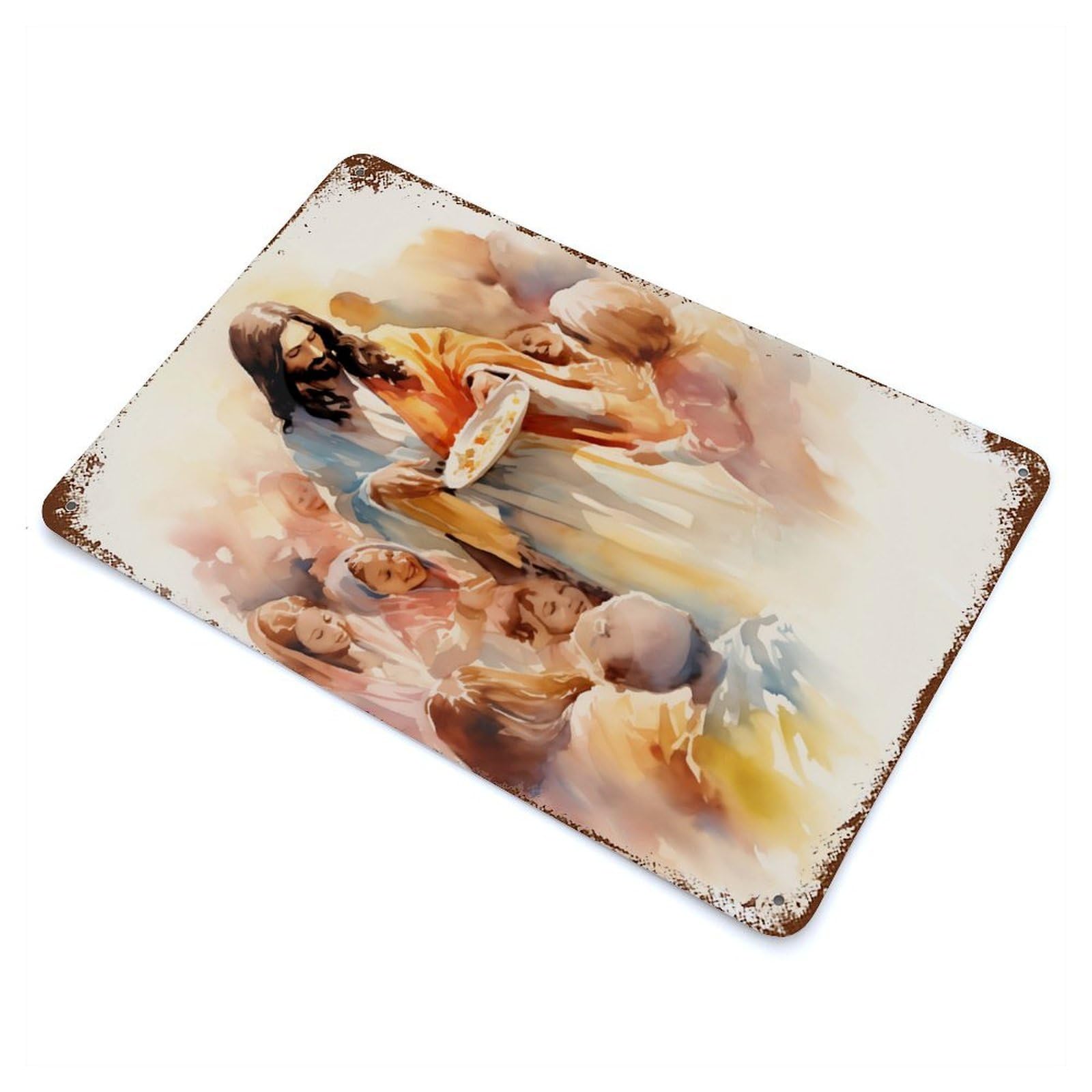 Vintage Rust Metal Sign Jesus Feeding The Poor 11.8"x7.9", Shabby Chic Decor for Cafe, Home Bar And Lounge Decor