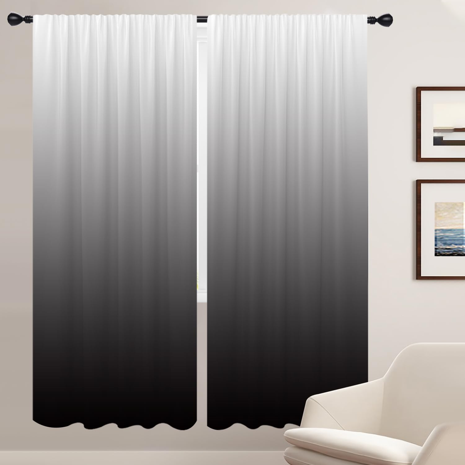Coxila Black and White Window Curtains for Bedroom 52x84 Inch Rod Pocket Long Wide Ombre Abstract Modern Gray Grey Home Living Room Treatment Set of 2