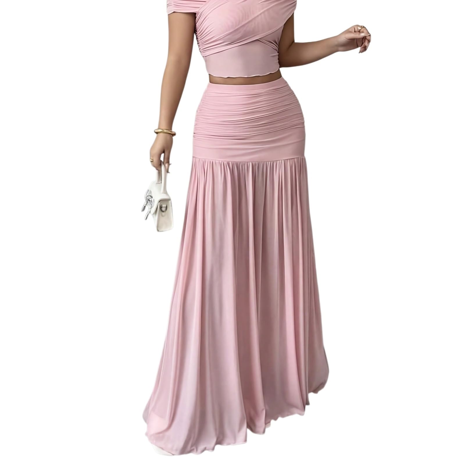 Minifalda Falda Plisada Midi Elegante De Las Mujeres Cintura Alta Slim Fit Larga Flujo A-línea Casual Verano Moda Chic Traje-Pink-XXL