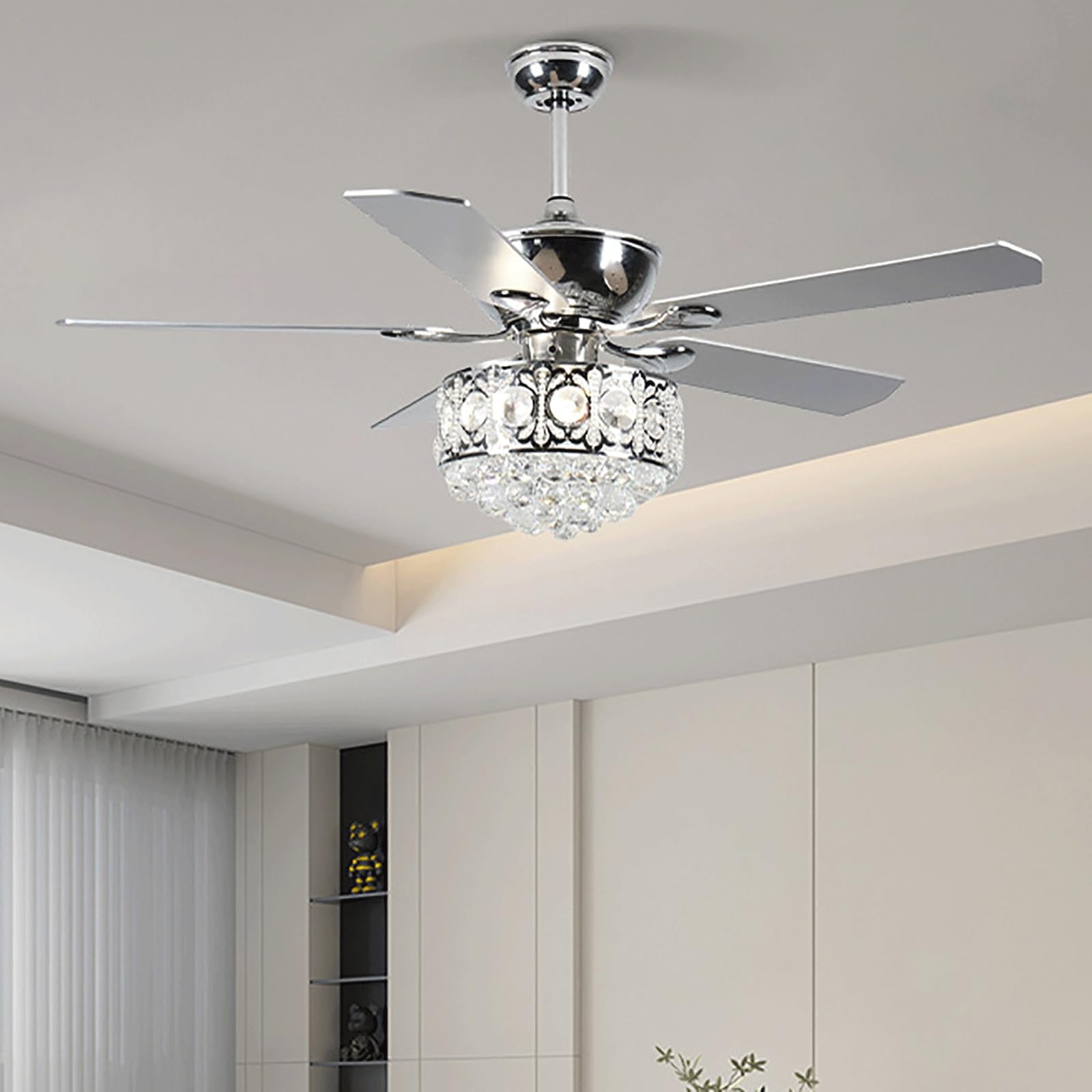HXYSXHJUO Silver Ceiling Fan with Light Modern Fandelier 5 Blades Remote 6 Speeds Noiseless for Patios Living Room Bedroom(48in/120cm)