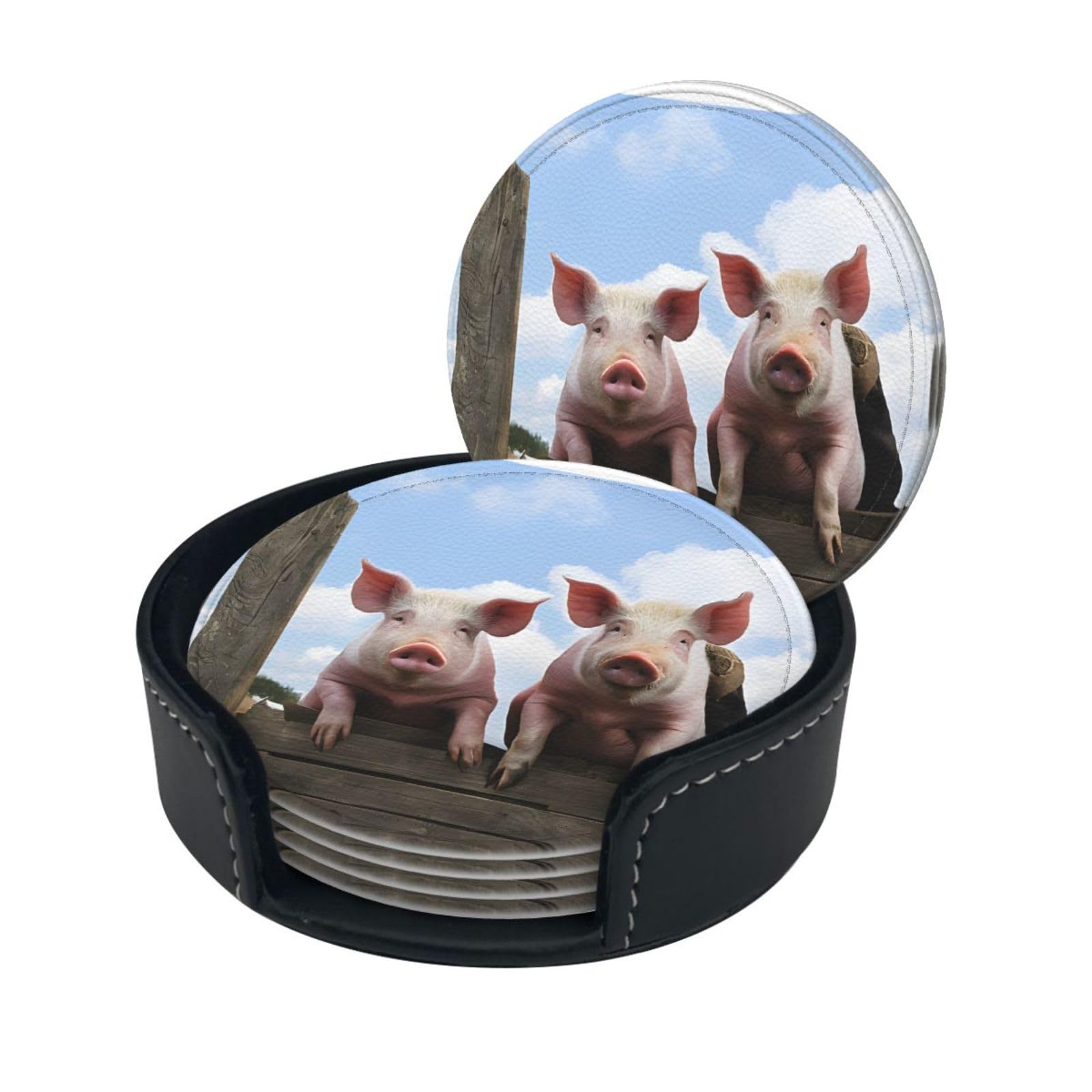 Funny Cute Pigs Printed Print Coaster,Round Leather Coasters with Storage Box for Wine Mugs,Cold Drinks and Cups Tabletop Protection (6 Piece)