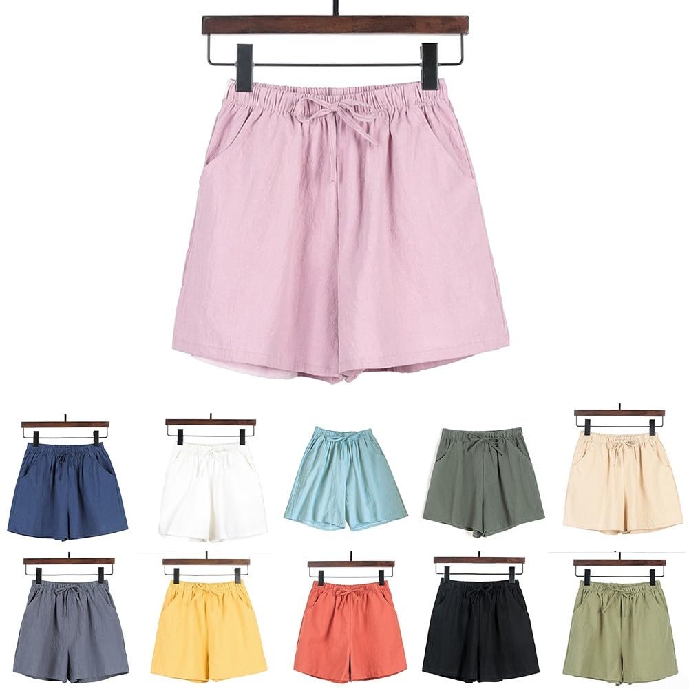 Short de sport en coton et lin pour femme - Taille haute - Style décontracté - Confortable - Pour les loisirs