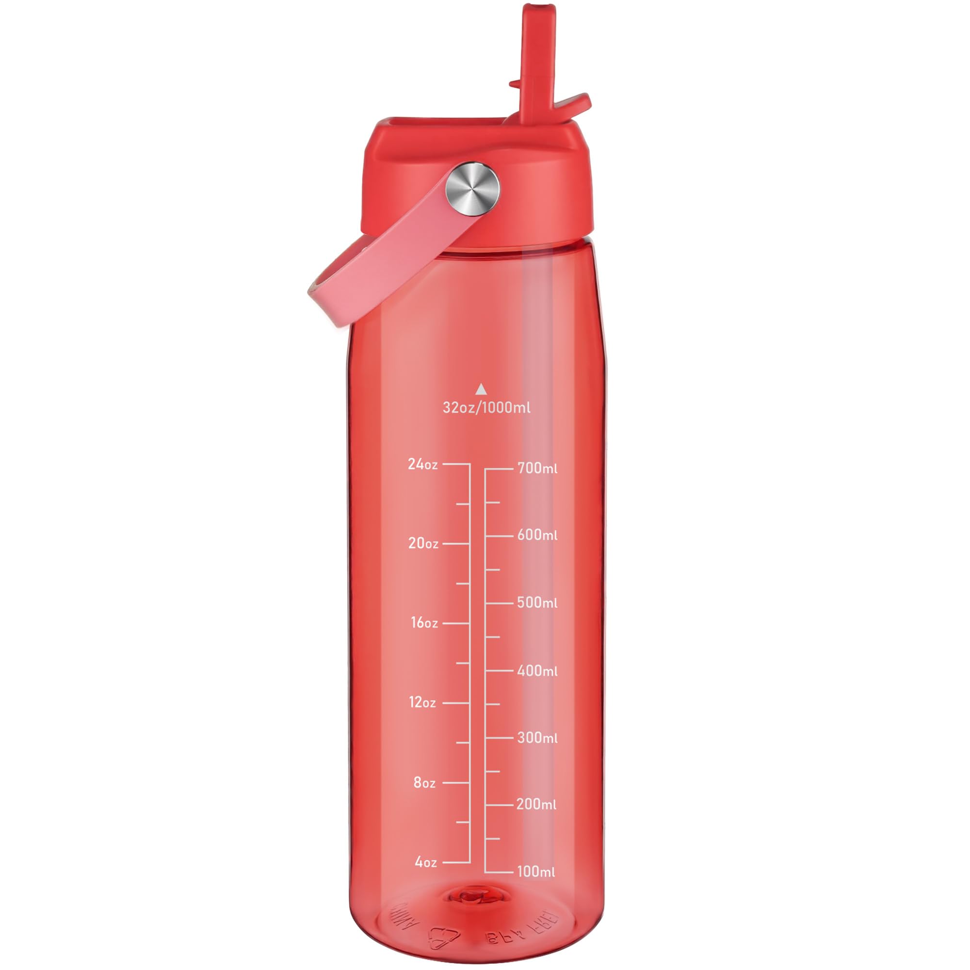 OLDLEY 1000ml/32oz Water Bottle with Straw Tritan 1 Litre Clear Drinks Bottle with Handle BPA Free Leakproof Reusable Large Sports Bottle for Gym, School, Cycling (Red)