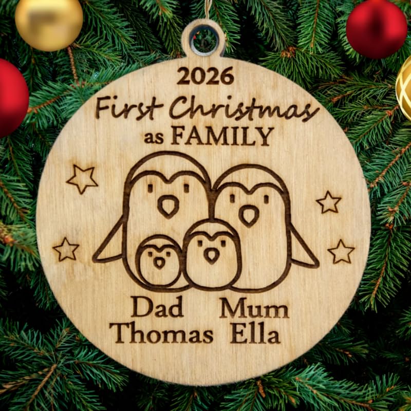 Personalised Family Christmas Tree Decoration with Names, Wooden Tree Ornament Penguins, Family Members, Engraved Christmas Bauble Gift