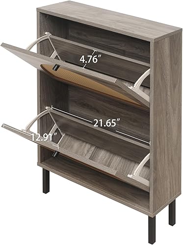 Vista 4 de ZeHuoGe Zapatero de ratán con 2 cajones abatibles, zapatero oculto estrecho, armario de almacenamiento para entrada, organizador de zapatos