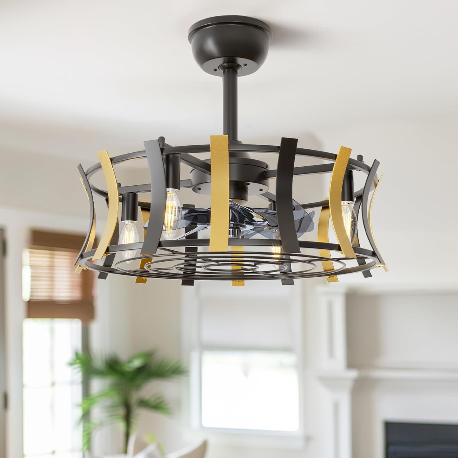 20" Caged Ceiling Fans with Lights and Remote, 6 Wind Speeds 3 Timing Quiet Chandelier Bladeless Ceiling Fan Industrial Reversible Ceiling Fan for Bedroom Living Room, 2 Down Rods, Black