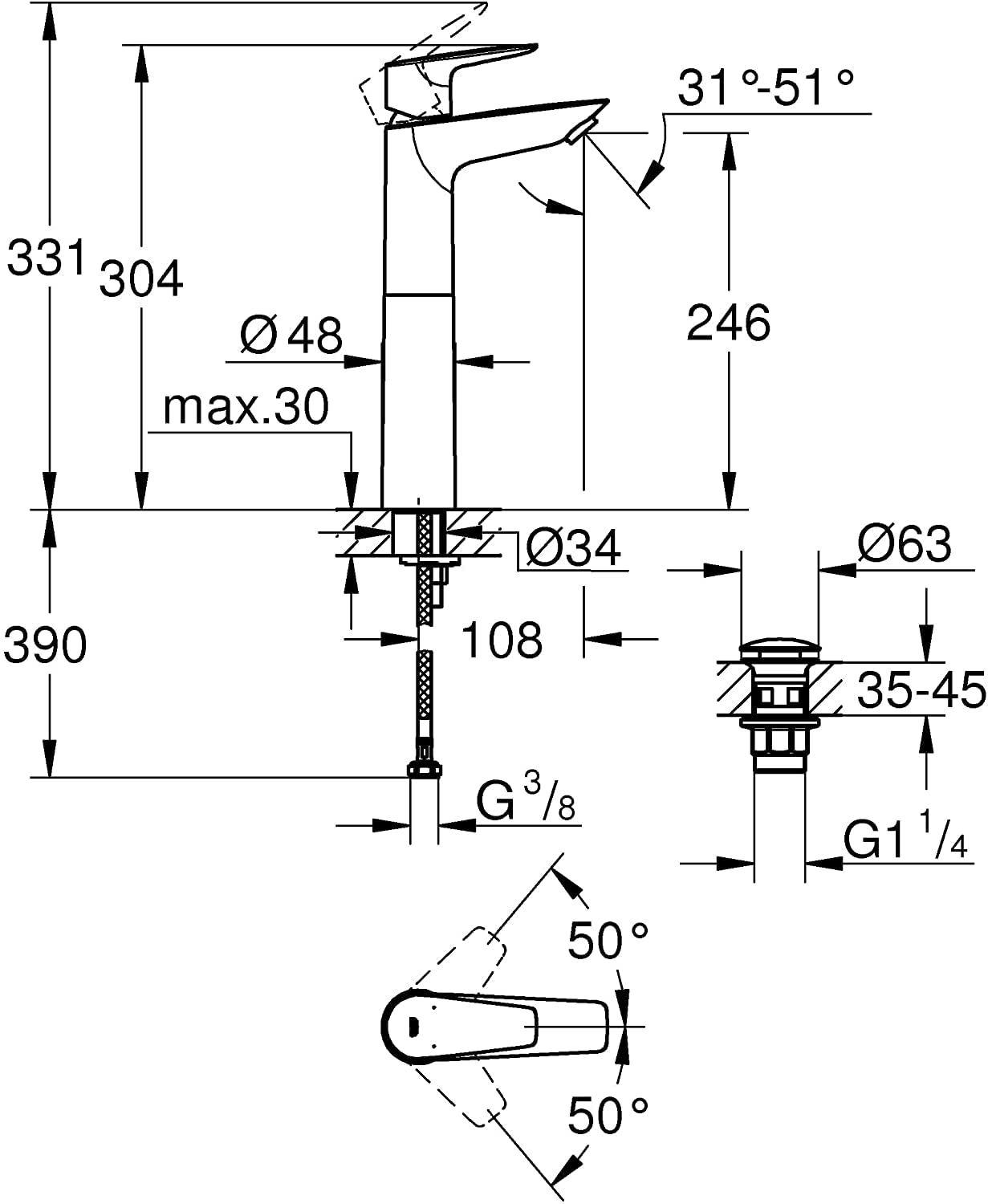 Grohe Start Edge QuickFix- Grifo de lavabo monomando XL (caño alto, vaciador push-open, menor consumo de agua con caudal 3,5 l/min, instalación rápida, altura 304mm), cromo, 23777001