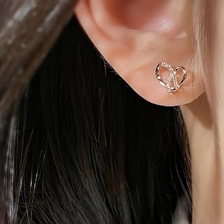 White Gold & Rose Gold Plated Cubic Zirconia Twisted Heart Shape Stud Earrings for Women Wedding Bridal Daily Evening Parties Wear Lightweight Jewelry Earring Gift for Her