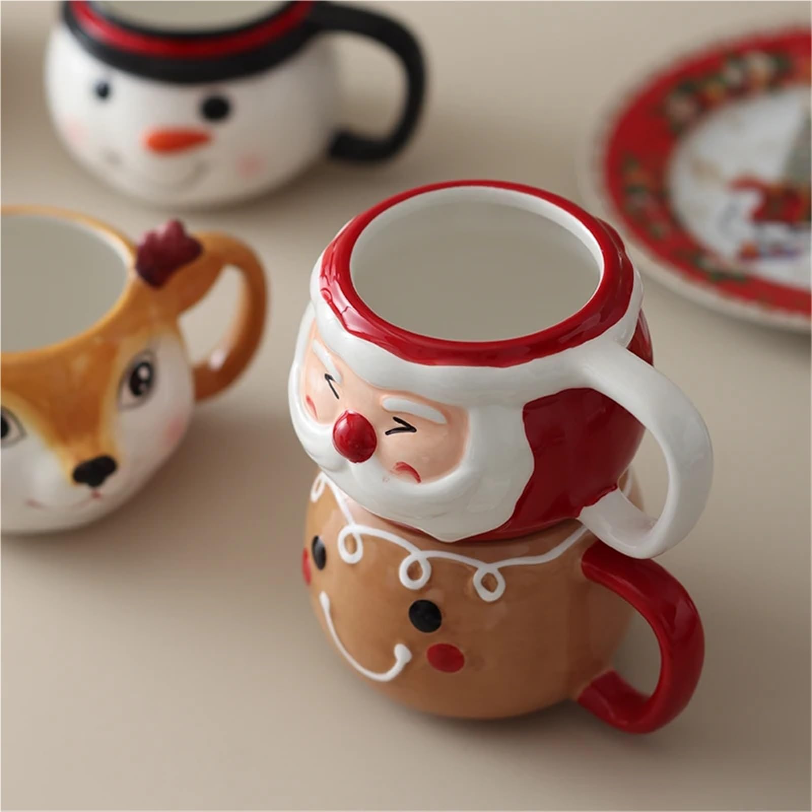 Taza de café de Papá Noel de dibujos animados, tazas apiladas de cerámica, tazas lindas de muñeco de nieve Para Boda(Red)