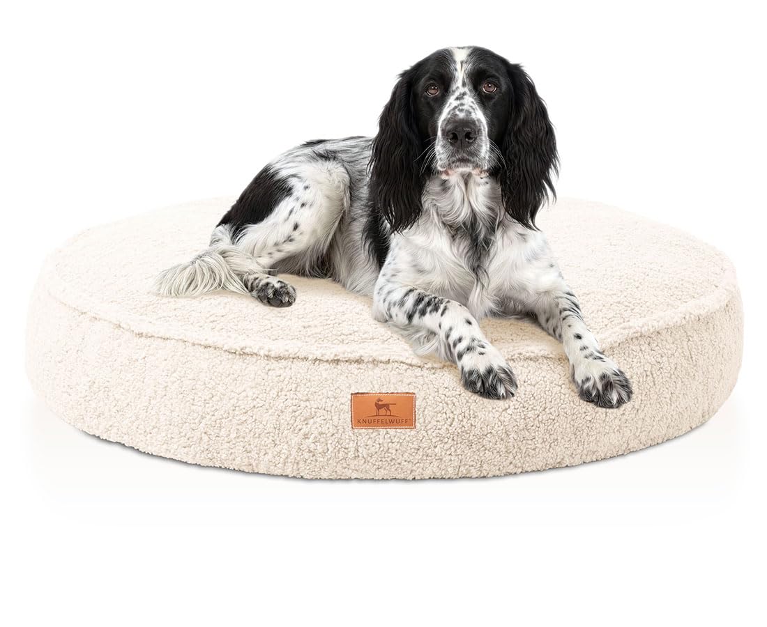 Knuffelwuff orthopädisches Hundebett Tivano rund 100cm, Beige | Teddyfell-Bezug waschbar 30 °C | Memory-Foam-Flocken | gelenkschonend & formstabil | runde Liegefläche | für kleine bis große Hunde