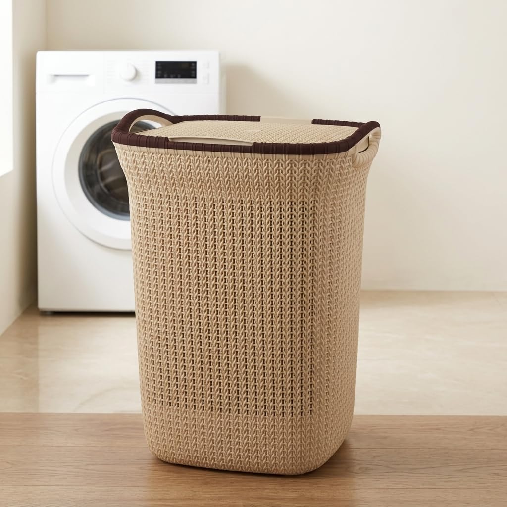 PrettyKrafts 60L Plastic Laundry Basket with Lid | Large Clothes Laundry Basket & Storage Bin | Toy Storage Basket | Multipurpose Storage Organiser | 61x45x35cm | Beige