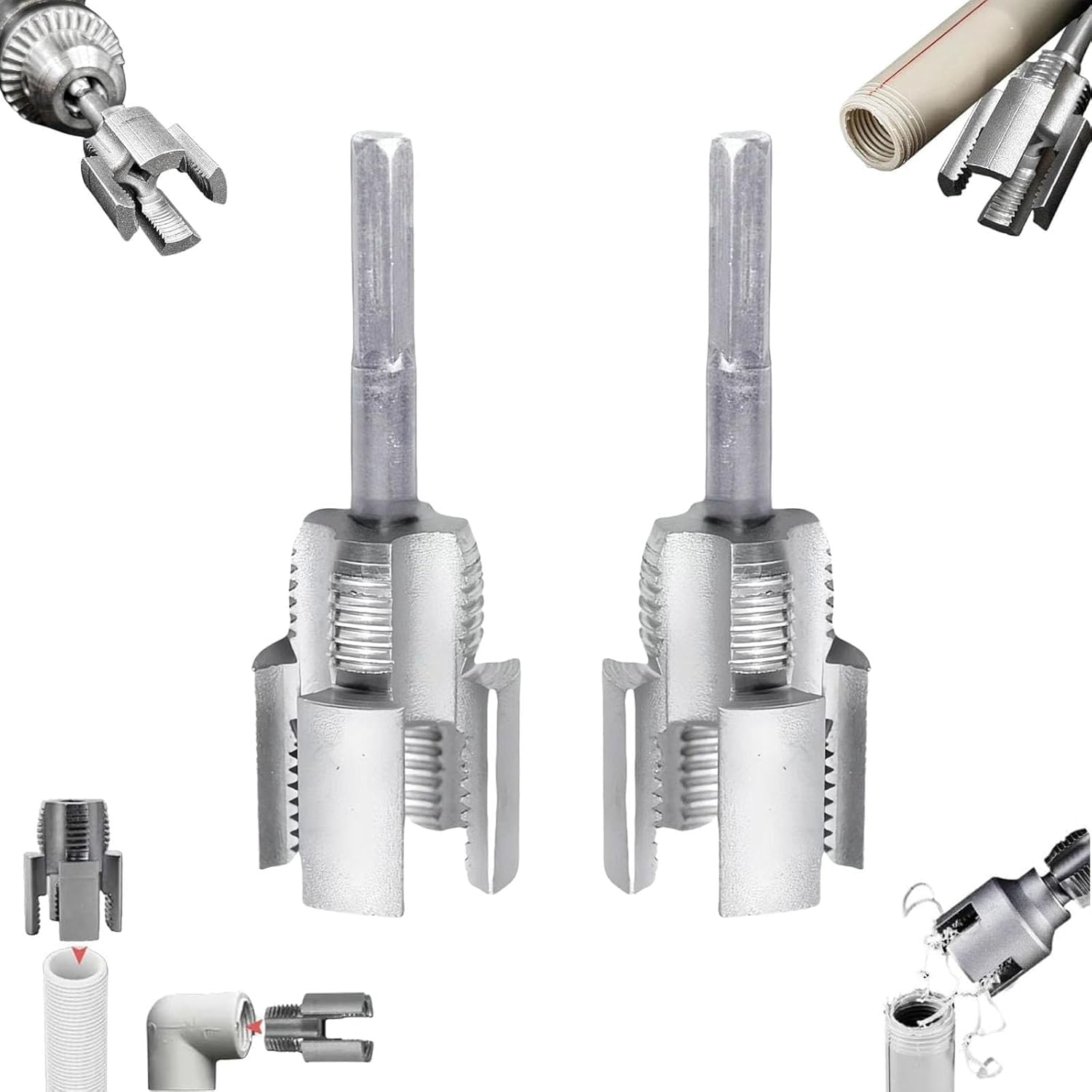 4 in 1 Water Pipe Wrench, Universal Pipe Opener for PVC Pipes, Integrated Internal & External Pipe Threading Tool for 1/2", 3/4" Water Pipes, Drill Driven Plumbing Repair Set