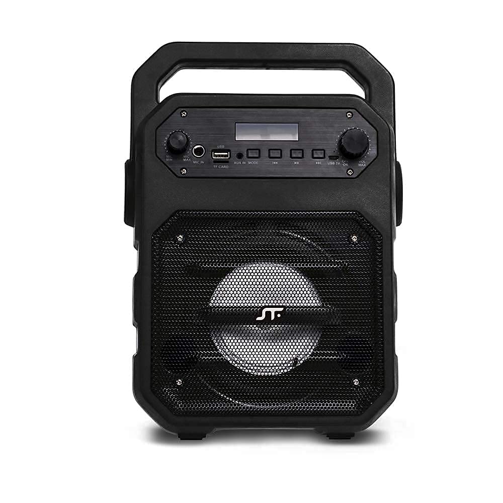 Front view of the STF Joy Portable Wireless Speaker, showing the speaker grille, control panel, and handle.