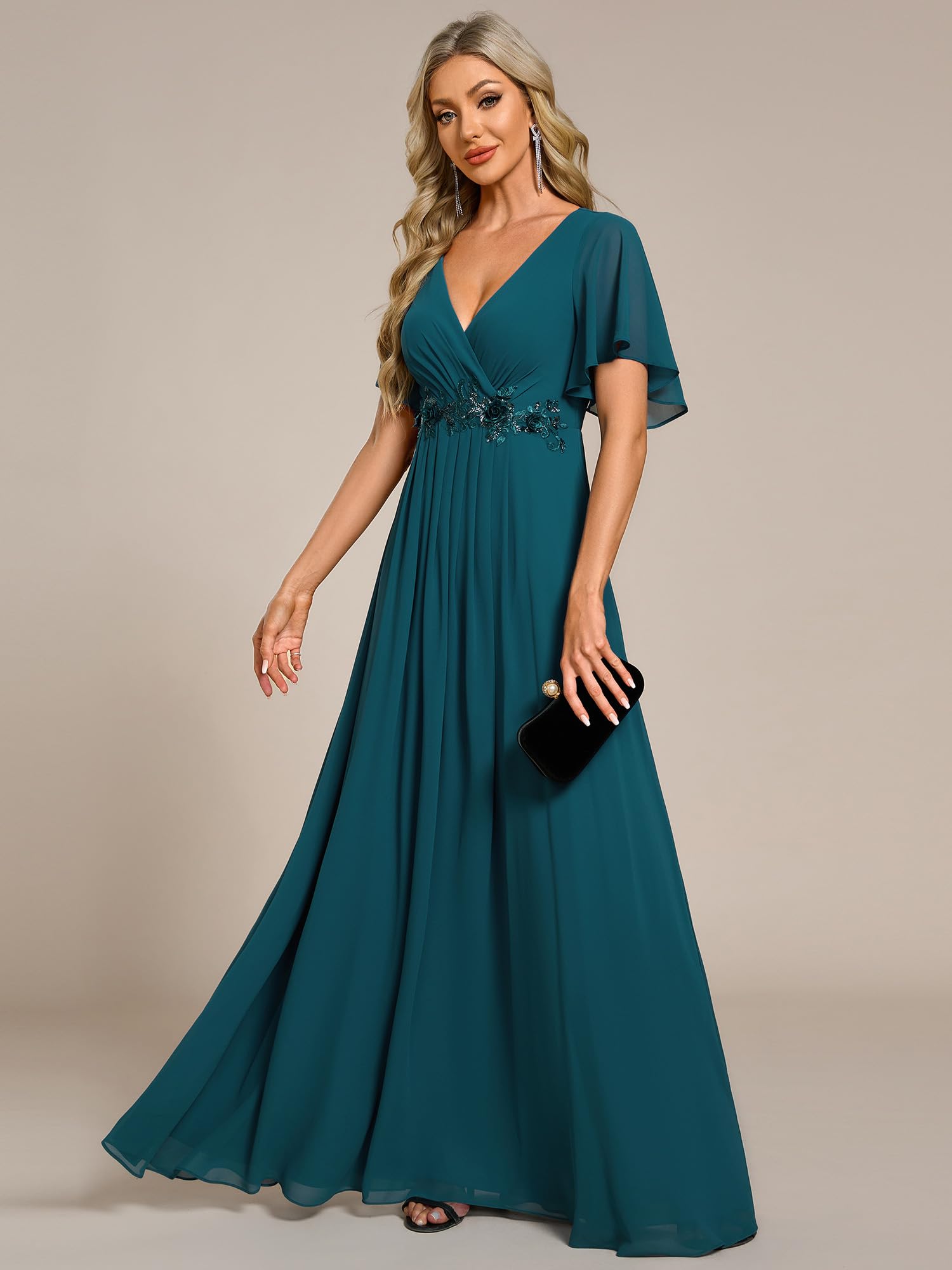 Ever-Pretty Abendkleid Elegant für Hochzeit Damen Lang Rundhalsausschnitt Abendkleider Langarm Brautjungfernkleider