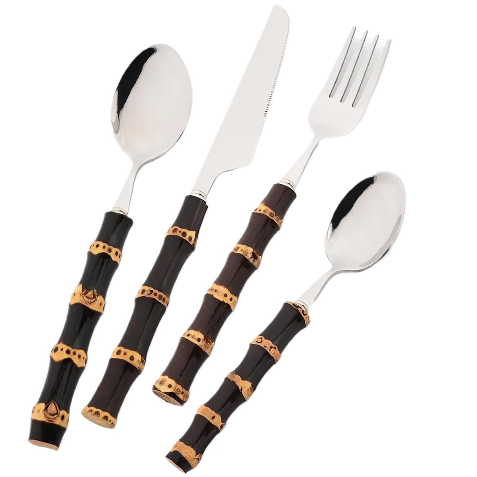 Set composto da coltello, forchetta e cucchiaio Set di 4 posate da tavola con manico in bambù nero, coltello, cucchiaio caffè, forchetta, in acciaio inossidabile occidentale, stoviglie cucina