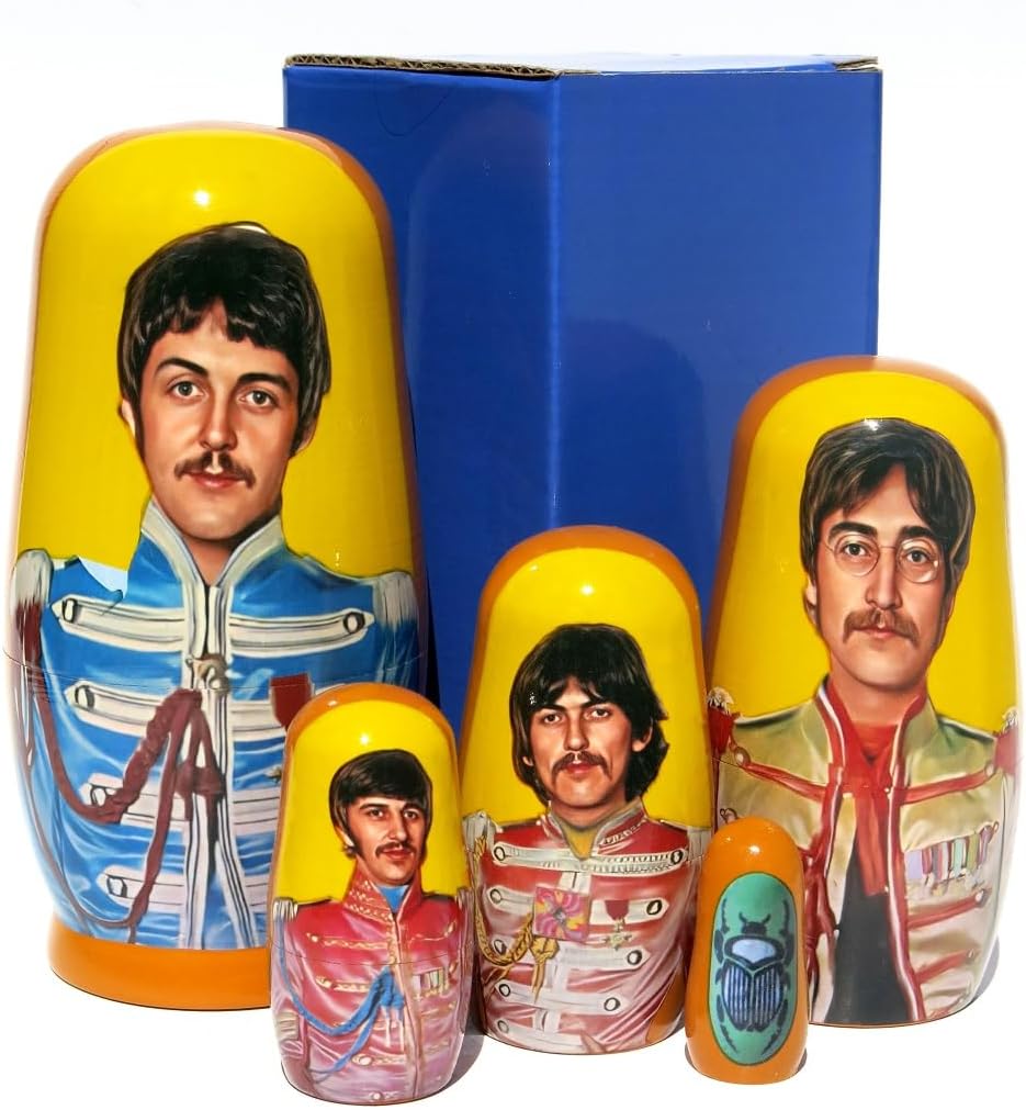 Long Lasting Collectible Beatles 5 Piece Russian Style Nesting Doll Memorabilia Stacking Matryoshka Doll - 5.75 Inches Tall - Includes a Glossy Blue Gift Box