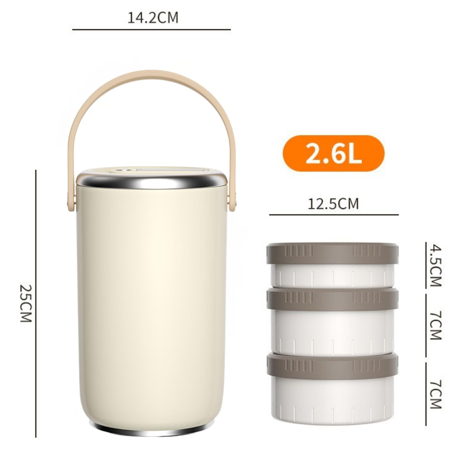 Termo Comida Caliente 2600 ml, Recipiente Térmico para Alimentos de Acero Inoxidable con 3 Compartimentos, Fiambrera Térmica para Oficina, Picnic al Aire Libre (Blanco)