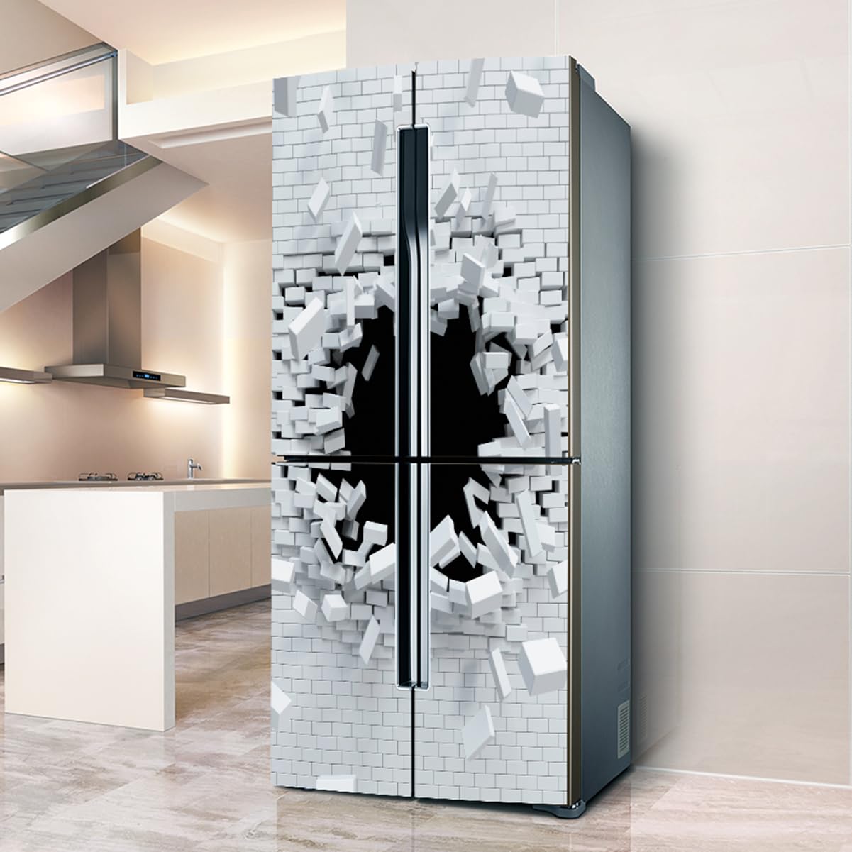 Cnfhfry White Fridge Stickers， Full Covering, Freezer Skins Wall Stickers For Kitchen Decal, 3D Brick And Black Hole(L: 100X180 Cm)
