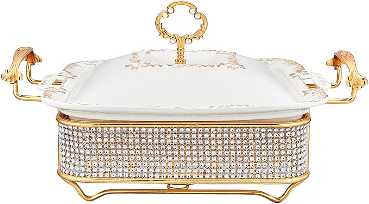 Chafing Dishes Buffet Food Warmer, Square Ceramic Buffet Stove, with Ceramic Pot Ceramic Lids, Multi-Purpose Household Soup Dry Pot Tableware,