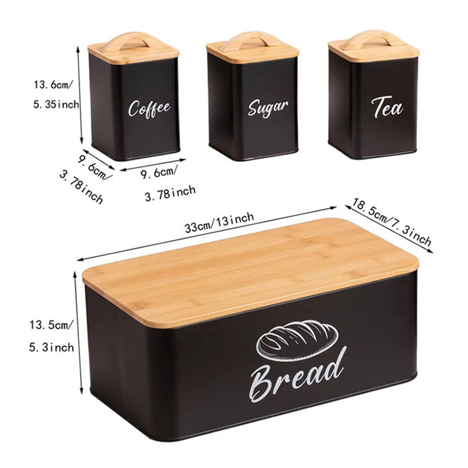 4 Vorratsdosen aus Holz und Edelstahl für Kaffee, Zucker, Brot mit luftdichtem Verschluss, moderne Küchen, Aufbewahrungsdosen für Kaffee, Zucker, Brot