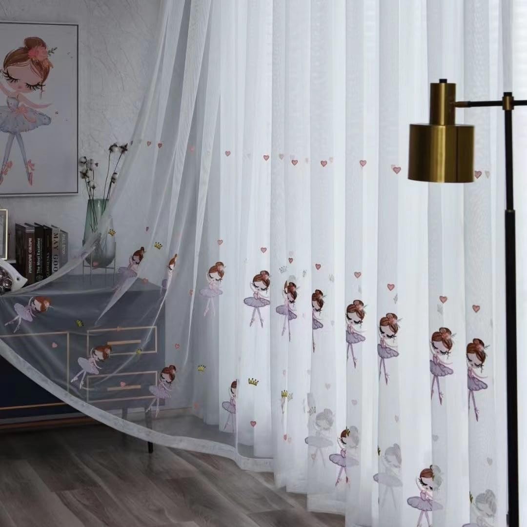 Kinderzimmer Gardinen Transparent Rosa Ballerina Mädchen Krone Herzen mit Ösen Voile Vorhang Durchsichtig Kinder Baby Ösenschal Fenstervorhang 2er Pack 140x175