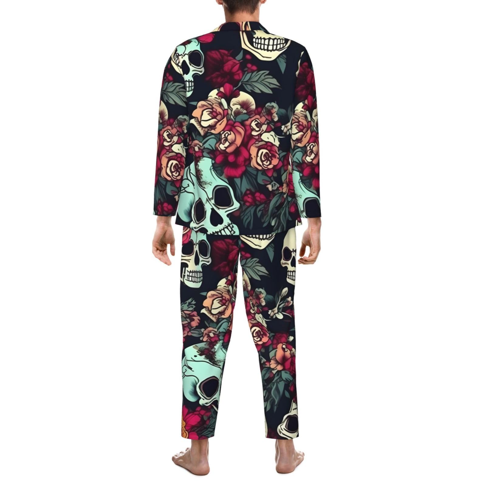 Herren-Pyjama-Set mit bunten Totenköpfen, langärmelig, zweiteilig, Hauskleidung, bequeme Nachtwäsche