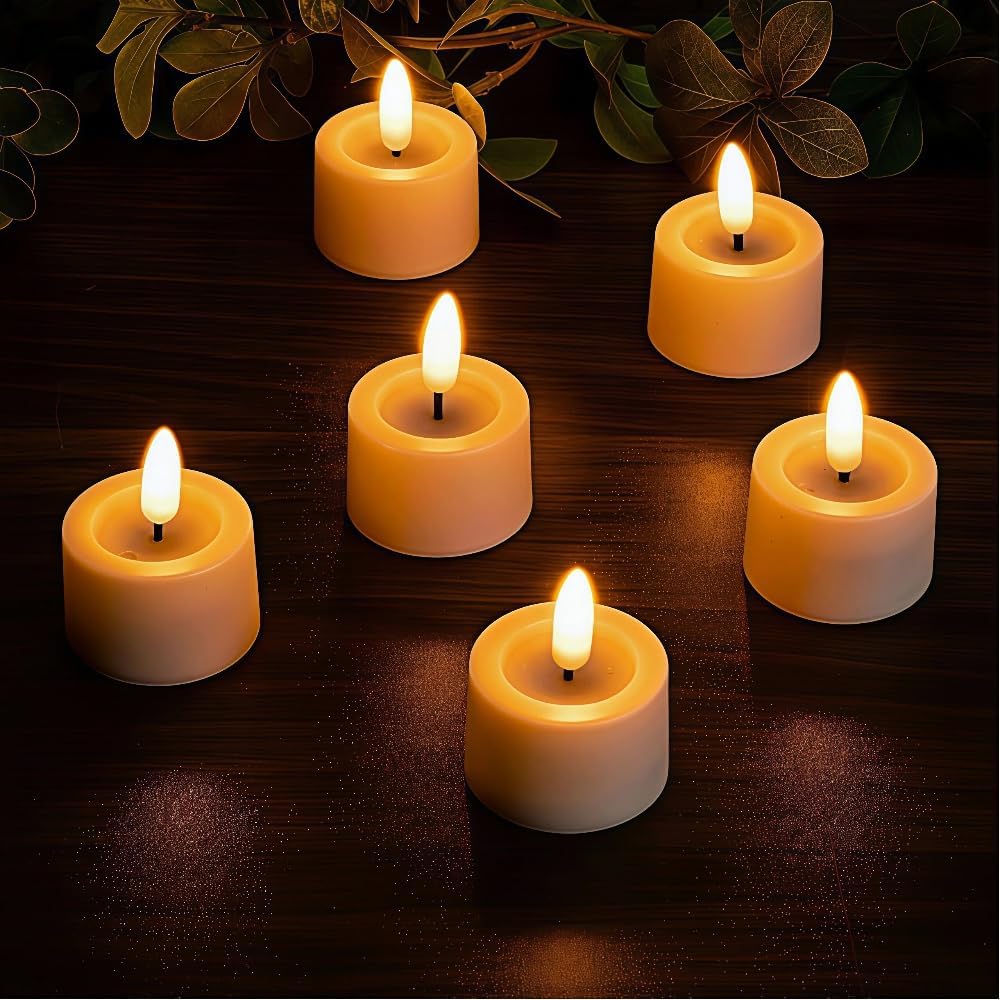Simplelight Amber Tea Lights Candles Battery Operated – LED Tea Lights with Timer, Pack of 12 Realistic Black Wick Fall Candles for Pumpkin, Halloween, Christmas, Battery Included (Amber)