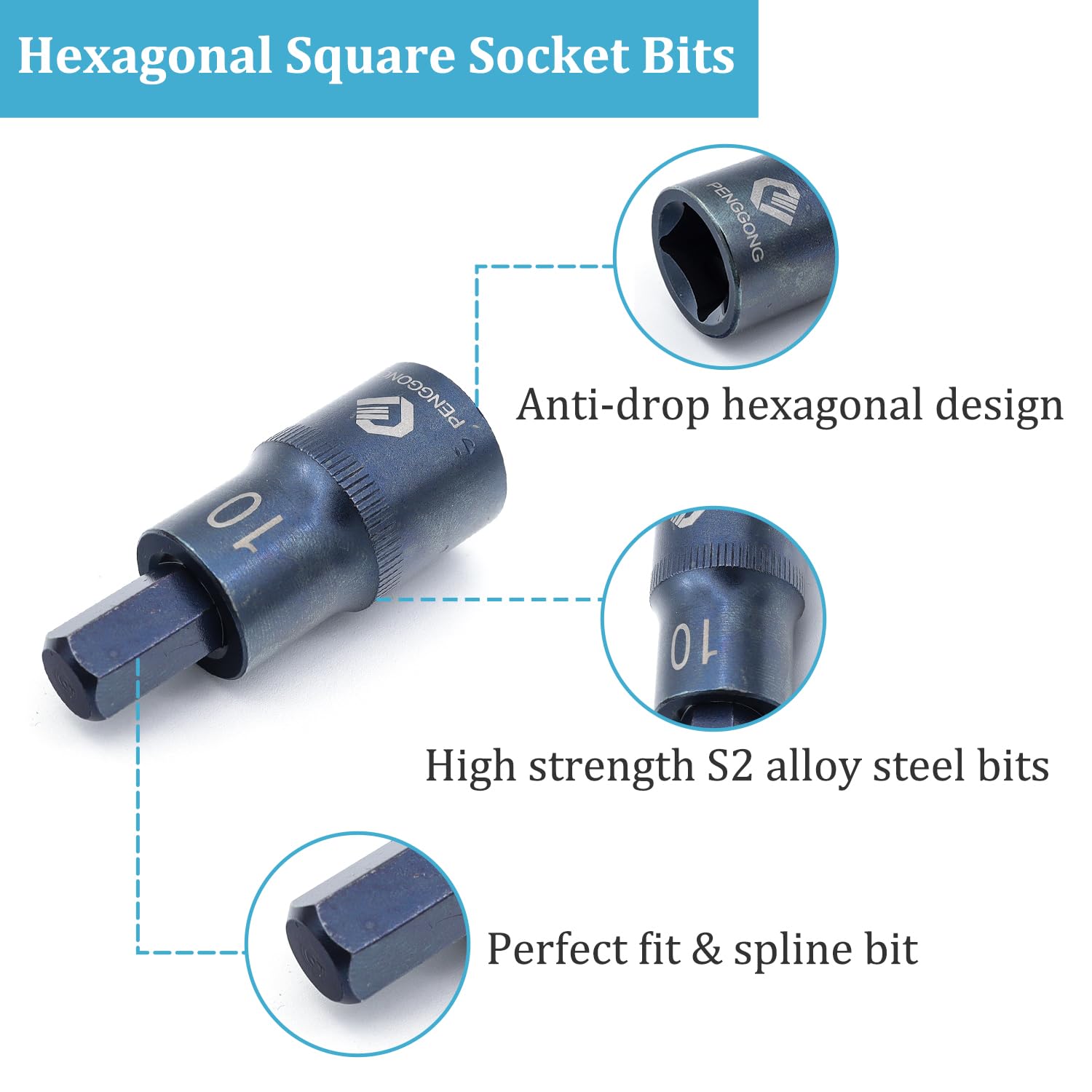 Juttzzei 1/2" Drive H10 Hex Bit Socket, 8mm Allen Key Square Socket, Premium S2 Steel H10 Hex Bit with 2" Length - Image 4