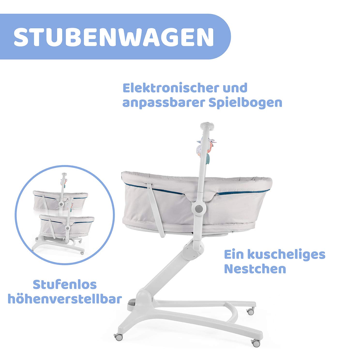 Chicco Baby Hug 4 in 1 Stubenwagen ab 0 Monate, Erhöhte Babyliege, Babybett, Hochstuhl mit Spielbogen, bis 15 kg, Verstellbare Rückenlehne, Verstellbare Höhe und 4 Räder